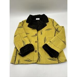 Robert Kitchen Suede Jacket Coat Green Sz Large Glam Black Faux Fur Lined Glam